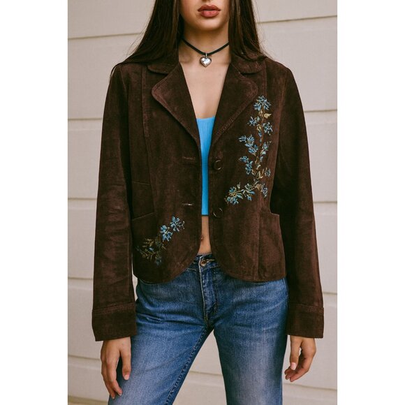 Live A Little Suede Brown Floral Leather Blazer Boho Coastal Jacket Jr Size LG - Picture 1 of 12